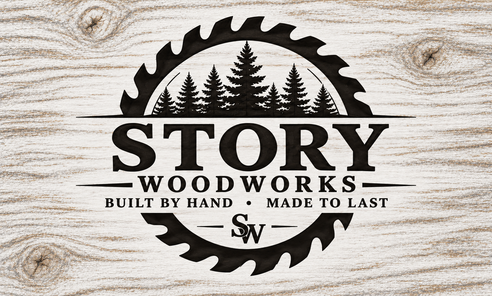 Story Woodworks branding on distressed whitewashed wood, featuring pine trees, a saw blade, and SW monogram