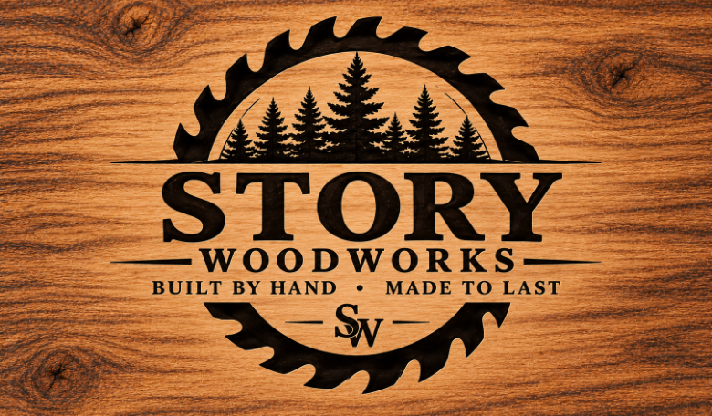 Story Woodworks saw-blade and pine-tree logo with SW brand on warm wood grain